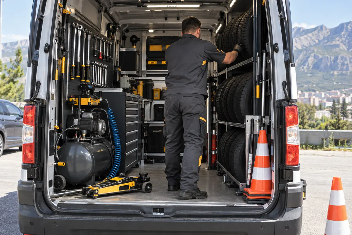 Mobil servis aracındaki lastik ve yol yardım ekipmanları