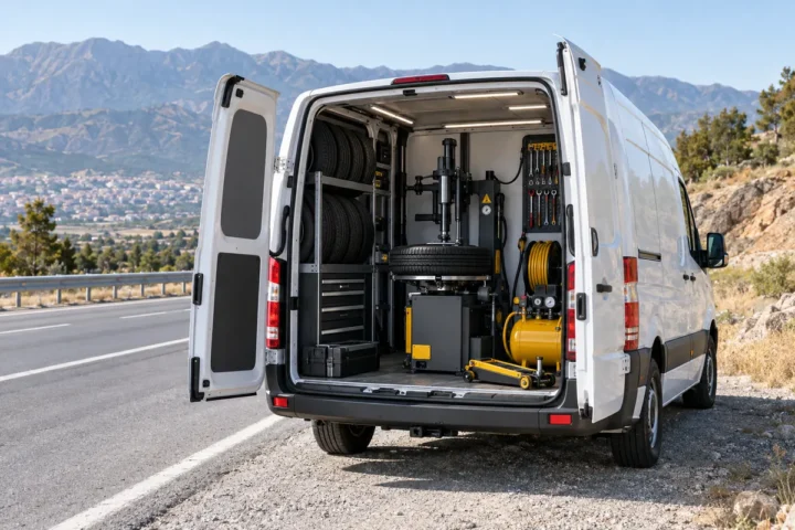 Kahramanmaraş yolunda açık ekipman bölümüyle mobil lastik servis aracı