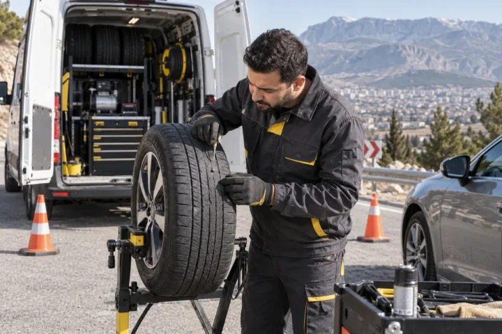 Sökülmüş lastiğin sırtındaki hasarı inceleyen mobil servis ustası